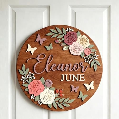 Personalized Wooden Name Sign, Custom Floral Round Wall Decor, Rustic Wooden - Image 4