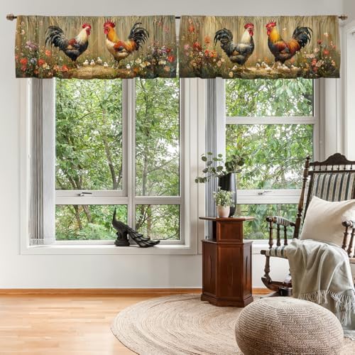 Rooster Curtain Valance for Windows 2 Pack Colorful Feather Flower Wooden Fence - Image 7