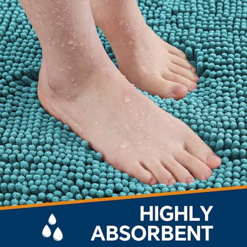 Chenille Bathroom Rug 20"x32" Aqua, Non-Slip Plush Bath Mat - Image 4