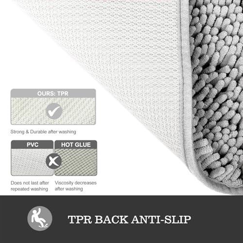 Yeaban Chenille Gray Bathroom Rug 17"x24", Non-Slip Rubber Backing - Image 3
