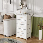 Furnulem White Tall Dresser for Bedroom, 5 Fabric Bins Tall Nightstand - Image 6