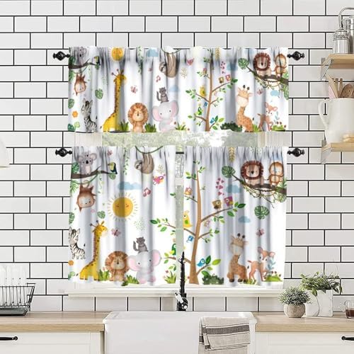 Kids Forest Animals Valance Curtains, Cartoon Elephants Giraffes, Lions Parrots - Image 4