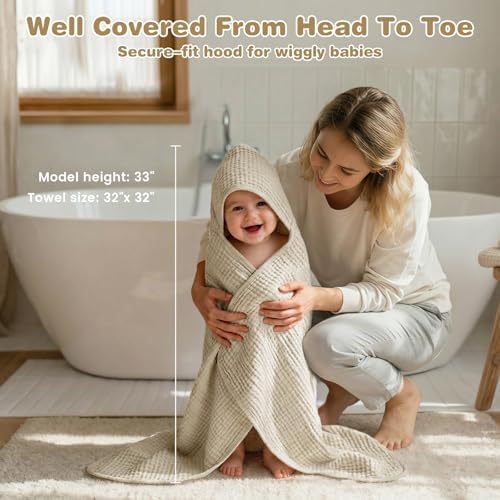Muslin Hooded Baby Towels 2 Pack, 100% Cotton Baby Bath Towels - Image 2