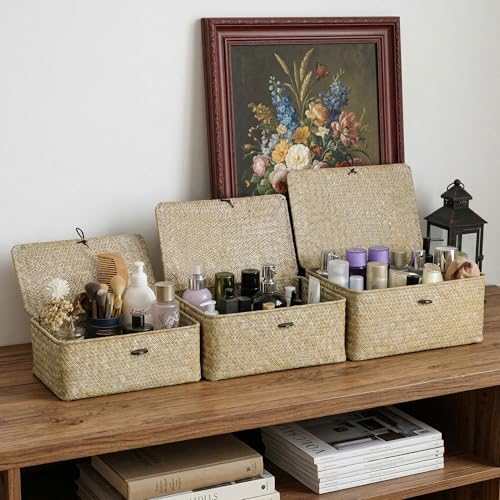 Nonam Small Wicker Basket with Lid, Seagrass Shelf Storage Basket - Image 5
