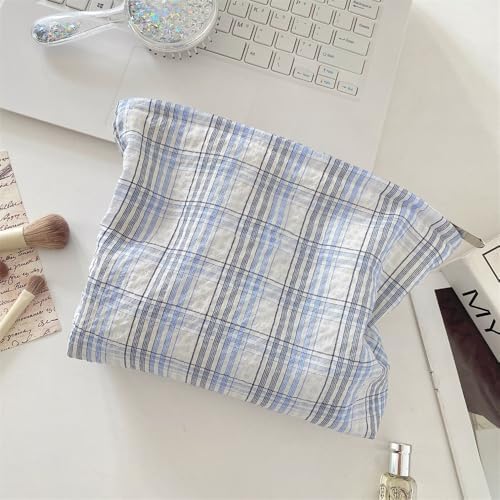 Flat Makeup Bag for Women, Zipper Cosmetic Pouch for Purse, Plaid Sky Blue - Image 6
