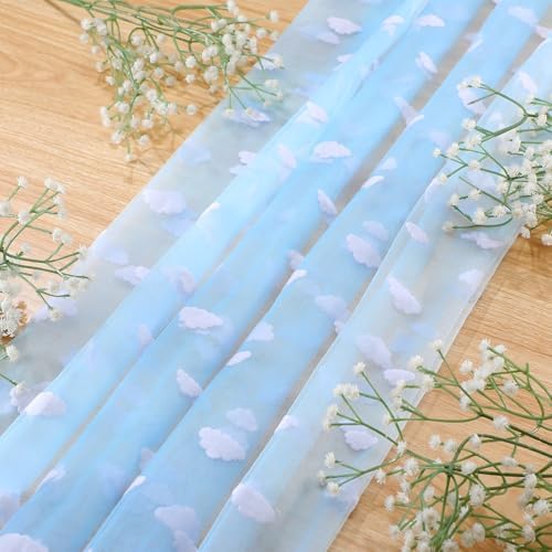 4 Pcs Blue White Cloud Table Runner 29x70 Inch Tulle Flocking - Image 2