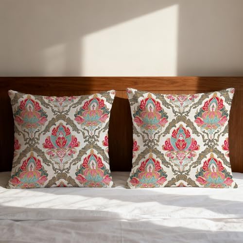 Boho Vintage Damask Floral Pillow Covers 18x18 Set of 2, Ethnic Indian Block - Image 3