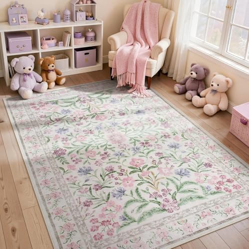 Lahome 6x9 Purple Rugs for Bedroom, Boho Botanical Nursery Dorm Rug by Lahome