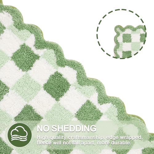 ORTIGIA Cute Green Checkered Scalloped Bath Mat, Fun Plush Microfiber Bathroom - Image 6