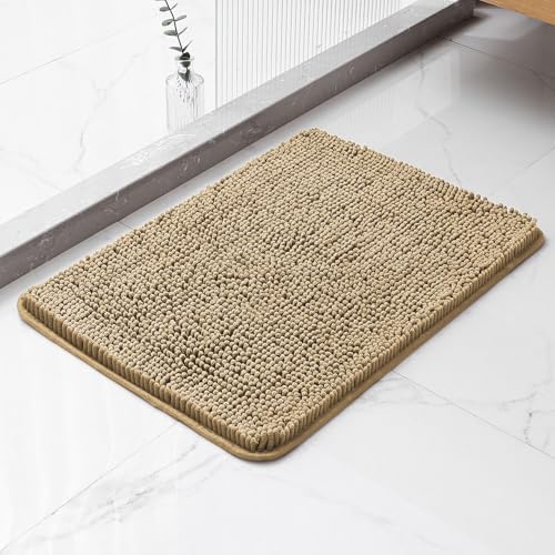 Chenille Bathroom Rug 17"x24" Beige, Non-Slip Plush Bath Mat by Kildoss
