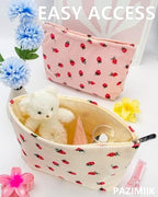 Flat Makeup Bag for Women, Zipper Cosmetic Pouch for Purse, Strawberry Beige - Image 3