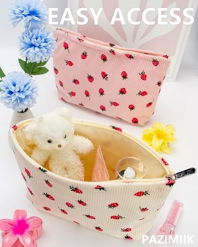 Flat Makeup Bag for Women, Zipper Cosmetic Pouch for Purse, Strawberry Beige - Image 3