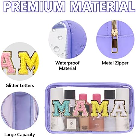 Iqimott Clear Patch Makeup Bag Mama Pouch, Preppy Personalized Chenille Letter - Image 3