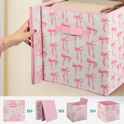 6 Pcs Pink Bow Cube Storage Bins 12.5 Inch Pink Storage Basket - Image 3