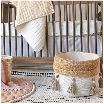 Crane Baby Fabric Round Nursery Storage Basket, Cotton & Jute - Image 4