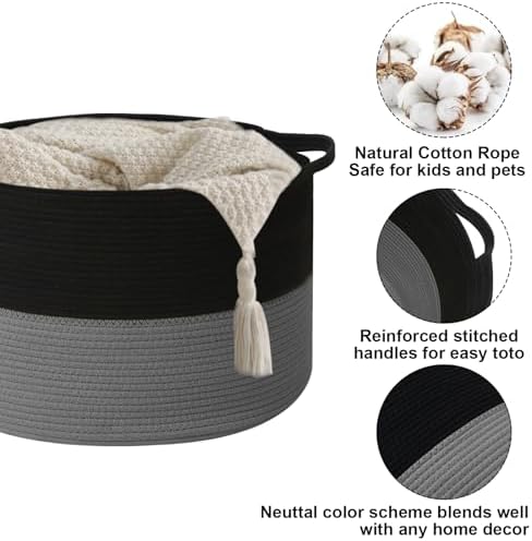 90L Extra Large Blanket Basket, Woven Laundry Basket-Black&Dark Grey - Image 3