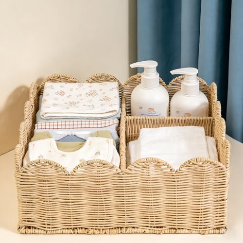Rattan Divided Scalloped Basket, Wicker Diaper Caddy Scalloped Baske, Woven - Image 3