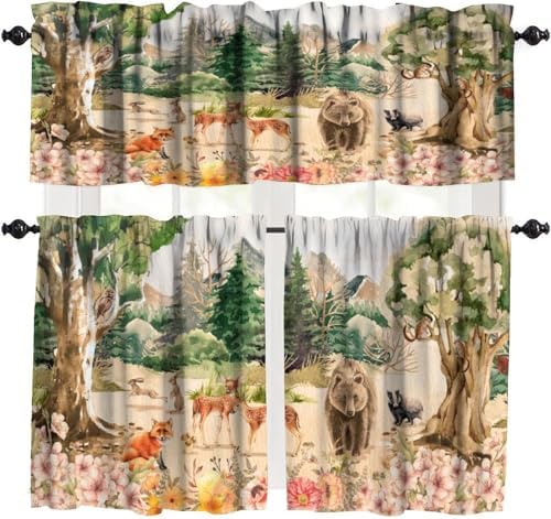 Forest Valance Curtain for Kitchen, Window Treatment Retro Mountain Forest by LOMADIA