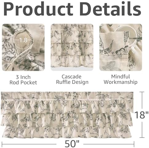 jinchan Ruffled Floral Valance Curtain 18 Inch 1 Panel Grey on Beige - Image 5