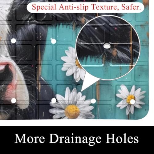 Shower Mat Non Slip 26.8 x 15.1 Inches, Cow Daisy on Teal Plank Bathtub Mat - Image 2