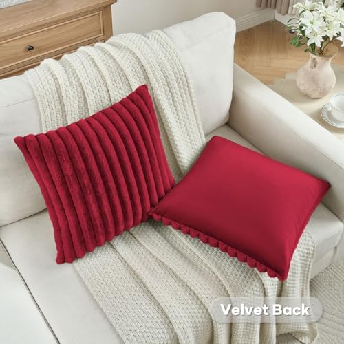 FUTEI Pack of 2 Faux Fur Throw Pillow Covers 16x16 Inch, Retro Red - Image 4