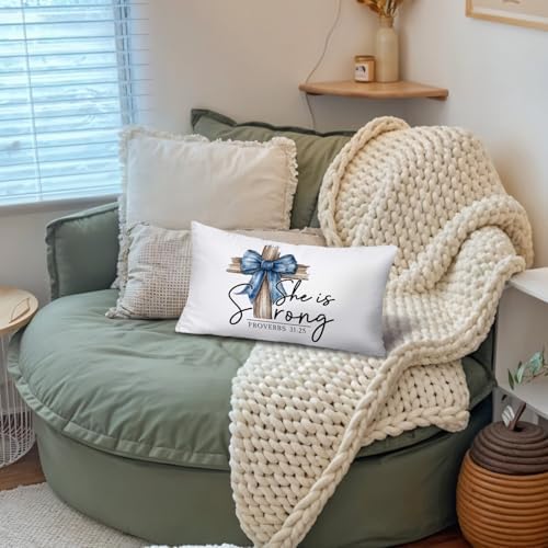 Coquette Blue Bow Cross Christian 12x20 Pillow Cover, Christian Home Decor - Image 5