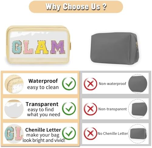 Chenille Letter Clear Makeup Bags Glam Pouch, Preppy Patch Makeup Bag - Image 5