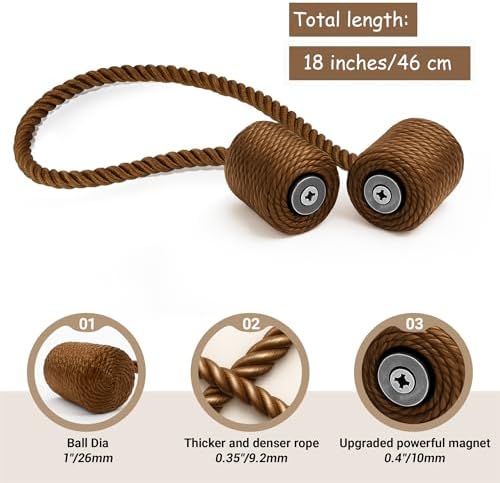 Hion Magnetic Curtain Tiebacks Dark Brown 4pcs, Curtain Holdbacks Hooks - Image 2