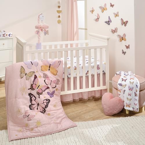 Lambs & Ivy Butterfly Dreams Pink/Gold 3-Piece Nursery Baby Crib Bedding Set by LambsIvy