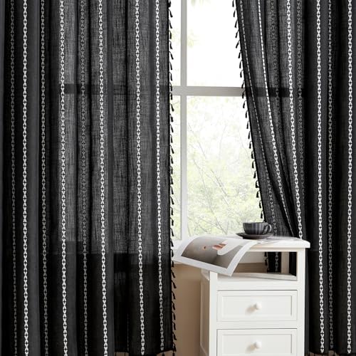 MitoVilla Boho Linen Bedroom Curtains 84 Inch Length 2 Panels Set, Bohemian - Image 2