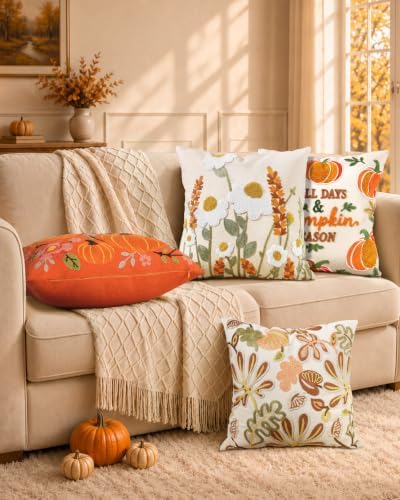 Embroidered Throw Pillow Cover, 18x18 Inch, Fall Wildflower - Image 6