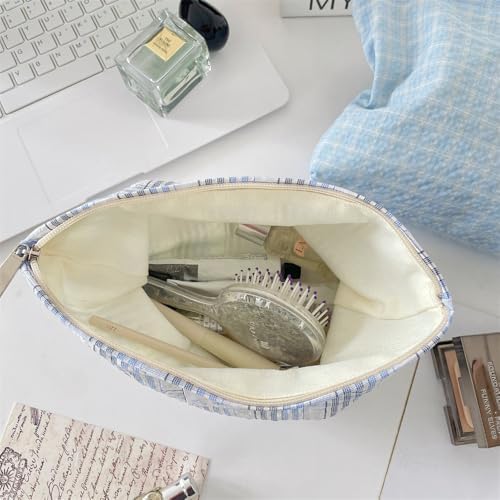 Flat Makeup Bag for Women, Zipper Cosmetic Pouch for Purse, Plaid Sky Blue - Image 7