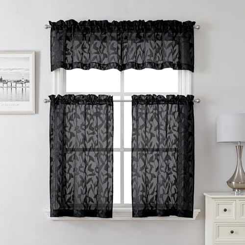 Lecloud Leia Black Valances Sheer Cafe Curtains 24 Inch Length 2 Pieces - Image 2