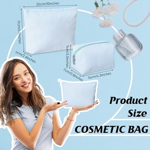 Huhumy 2 Pcs Makeup Bag Set for Women, Light Blue, Thin Stripe - Image 2