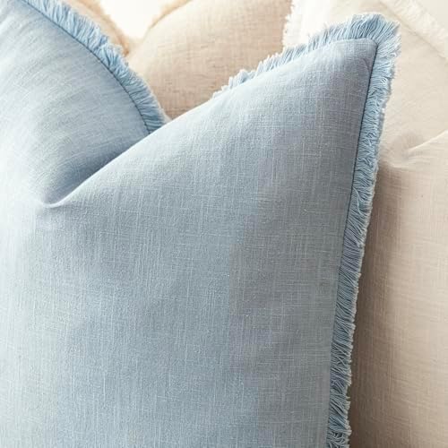 Foindtower Boho Linen Fringe Lumbar Throw Pillow Covers 12×20 Sky Blue - Image 5