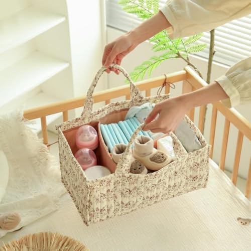 Quilted Fabric Storage Basket Floral Baby Diaper Caddy Quilted Basket Organizer - Image 3