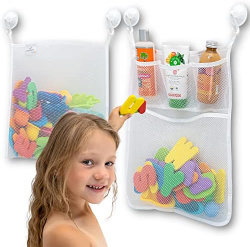 2 x Mesh Bath Toy Organizer + 8 Ultra Strong Hooks – The Perfect Bathtub Toy by CamfylifeBaby