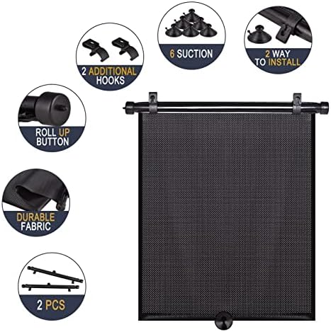 Car Side Window Shades, 2 Pack Retractable Roller Sun Shades, 18 x 20 in - Image 3