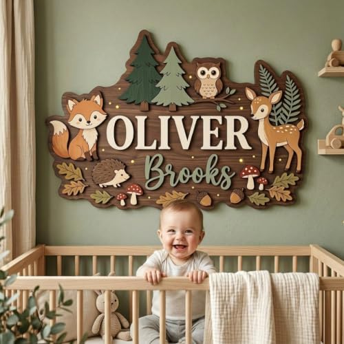 Personalized Woodland Nursery Name Sign, Custom Forest Animal Wall Decor - Image 2