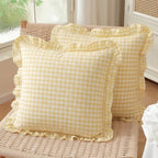Set of 2 Yellow and White Ruffled Plaid Pillow Covers 18x18 Inch, Checkered by HOSTECCO