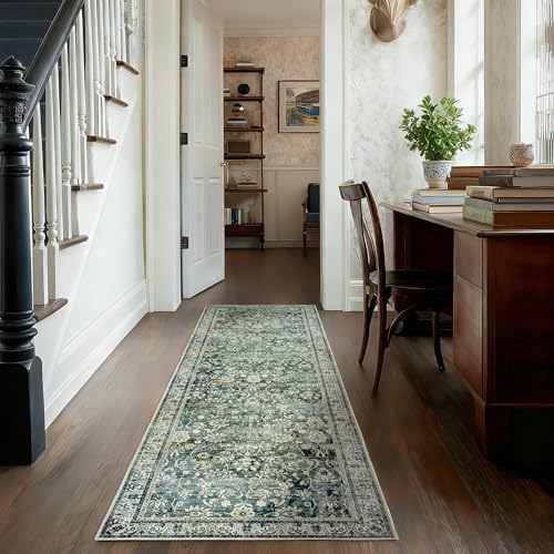 Green and Navy Washable Rug Runners 2x6 Vintage Floral Rugs - Image 5