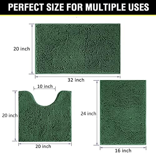 Green Bathroom Rug Chenille 3-Piece Extra Soft and Absorbent Shag Bath Mat Set - Image 2