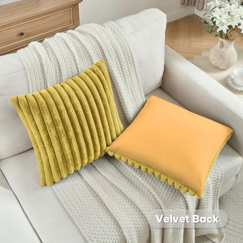 FUTEI Pack of 2 Faux Fur Throw Pillow Covers 18x18 Inch, Mustard Yellow - Image 4