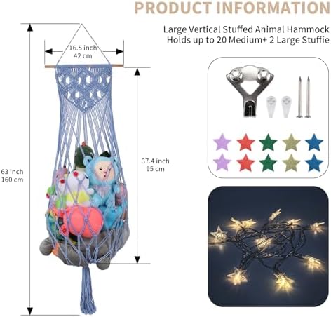 63 Inch Stuffed Animal Storage Hammock Corner, Stuffy Plushie Net - Image 5