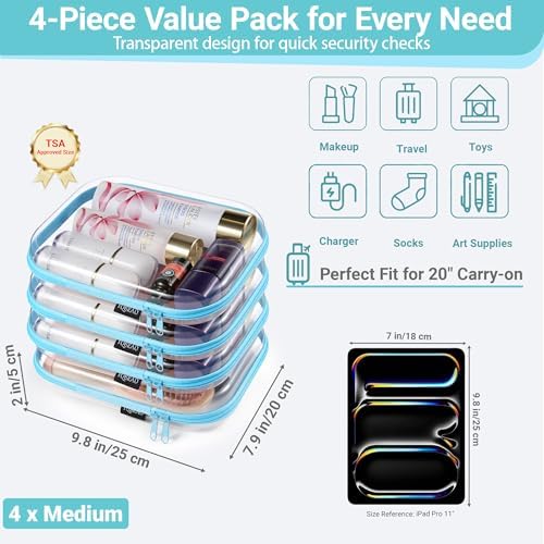 YQBRAO Clear Hard Shell Zipper Cases, 4 Medium Makeup Organizers - Image 4