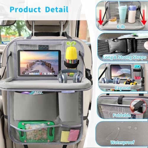 Car Backseat Organizer with Tablet Holder, 6 Storage Pockets Foldable Table - Image 3