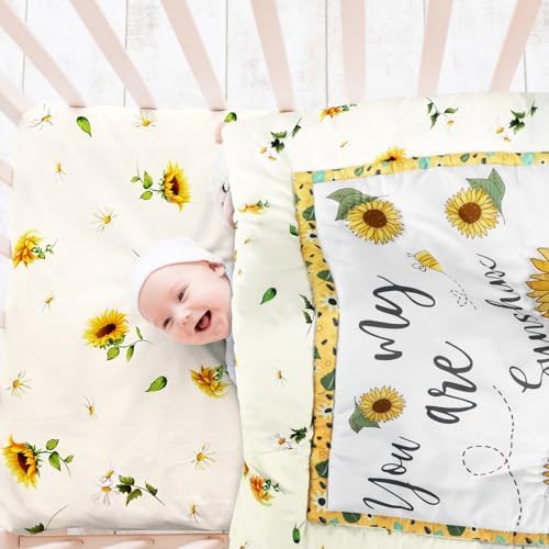 Mixweer 3 Pcs Sunflower Bee Baby Crib Bedding Set Baby Girl Yellow Crib Sheets - Image 7