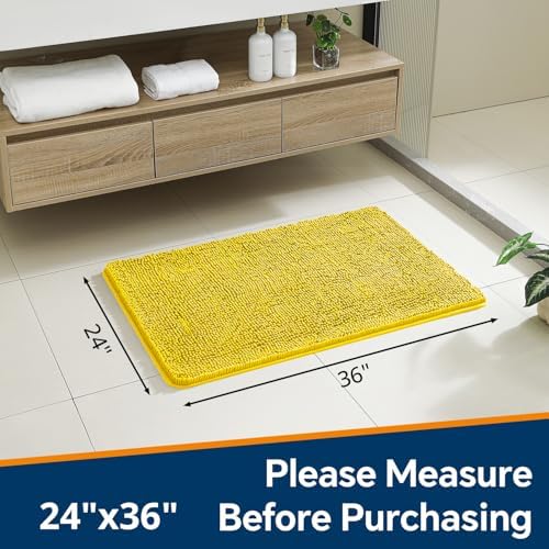 Chenille Bathroom Rug 24"x36" Yellow, Non-Slip Plush Bath Mat - Image 2
