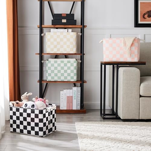 Ohocut Sage Green Checkered Canvas Basket, Rectangular Organizing Decorative - Image 4