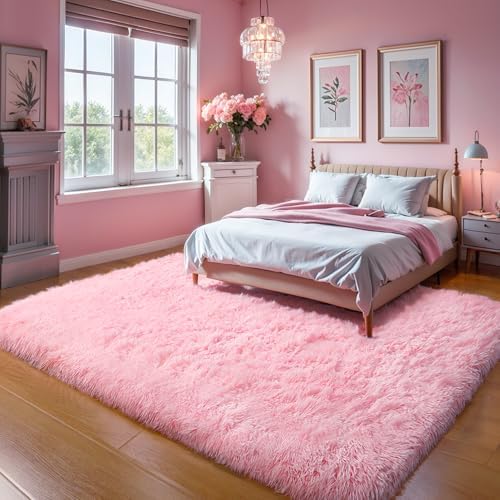 6x9 Thick Pink Shag Rug for Girls Bedroom, Soft Plush Fluffy Carpet by KICHOWUA